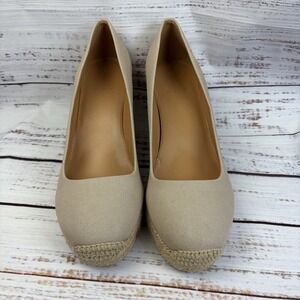 J. CREW Seville Espadrille Wedges Tan Beige Color Canvas Heels Shoes 9.5 nwot